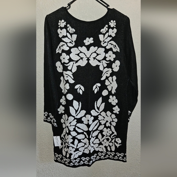 NY Collection Dana Sweater Dress Black and White Floral Long Sleeve Jacquard - Picture 3 of 5